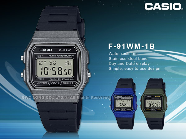 CASIO手錶專賣店國隆F-91WM-1B 復古方形電子男錶樹脂錶帶黑色